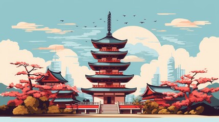 Naklejka premium ancient japanese pagoda, ukiyo e style, copy space