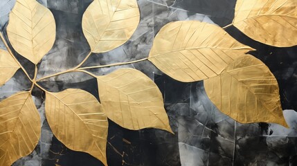 abstract plant art, huge leaves tile, black and gold, wabi sabi style, 16:9
