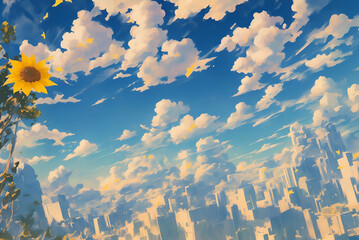 Anime style background with shining sunflower and white fluffy clouds