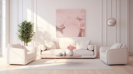 Fototapeta na wymiar living room render, realistic warm minimalistic style ,pale pink decoration white walls, copy space, 16:9