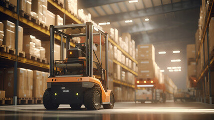 auto forklift operated in modern warehouse, stores - obrazy, fototapety, plakaty