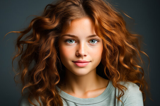 Young girl with red hair and blue eyes is posing for picture.