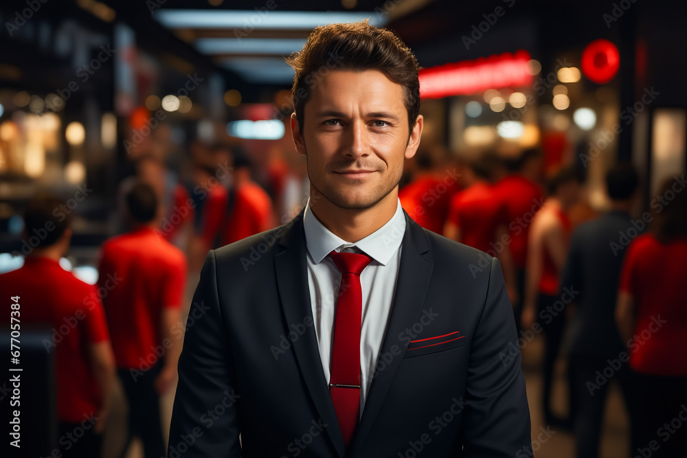 Poster Man in suit and tie standing in room.