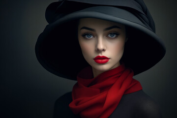 Woman with black hat and red scarf on.