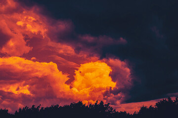 Background landscape with an orange-lilac sunset, a thundercloud, dark silhouettes of trees. Against the background of the sunset, fuzzy traces of falling large raindrops are visible. Selective focus.