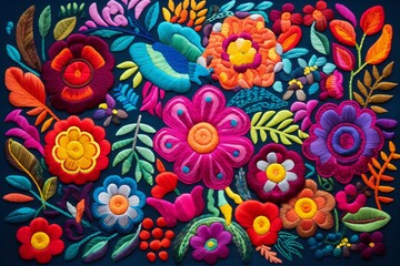 Bright colored fabric, flowers, and patterns, in the style of embroidery art, melds mexican and american cultures