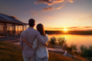 Rear view of a couple looking at their new lakeside house at sunset, soft and dreamy atmosphere, selective focus, countryside