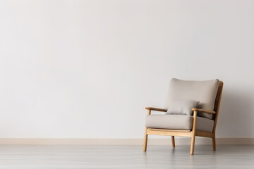 Bright living room in minimalist interior design with armchair with pillow, empty wall space for mock up, copy space