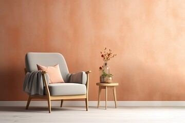 Cozy living room in minimalist interior design with armchair with pillow and blanket, house plants in pots, empty orange wall for mock up, copy space
