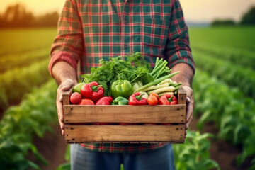 Close up view of a farmer holding wooden box full of fresh vegetables, on green field background in sunset.