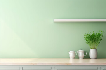 Blank green wall in minimalist kitchen interior, shelf, dishes, flowers in vases. Montage for products. Copy space, mock up