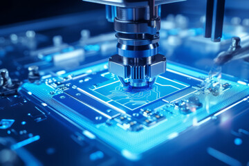 Close up view on a micromachining of thin electronic materials, microchip, industrial and technological subjects, light blue, azure light
