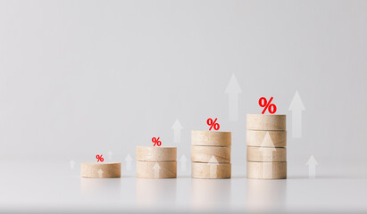 Up arrow growth on wooden cube blocks, bar graph chart steps with percentage icons on white...