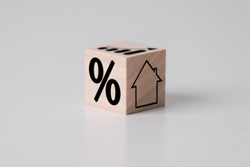 Up arrow growth on wooden cube blocks, bar graph chart steps with percentage icons on white...