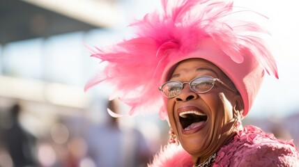 A woman wearing a pink hat and glasses. Generative AI.