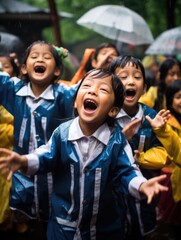 A group of children in school uniforms holding umbrellas in the rain. Generative AI.