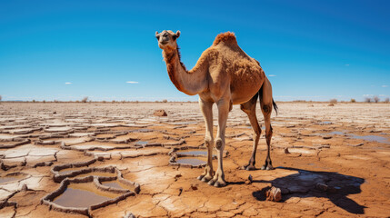 A camel stands on cracked desert ground with small puddles of water under a clear blue sky