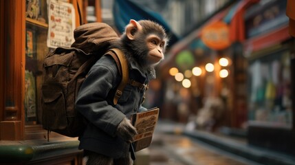 A monkey with a backpack on a street. Generative AI.