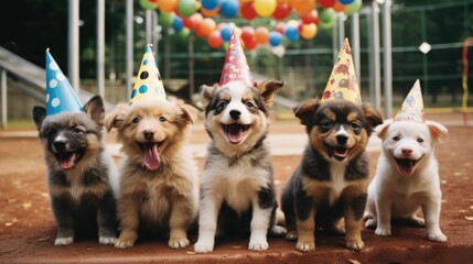 A group of puppies wearing party hats. Generative AI.