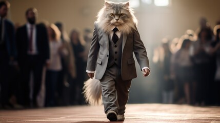 A cat in a suit walking down a runway. Generative AI.