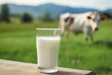glass of milk in front of field with cow, AI generated - Powered by Adobe
