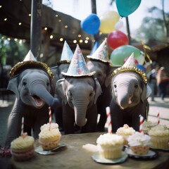 A group of elephants wearing party hats with cupcakes. Generative AI.