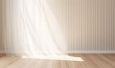 Blowing white sheer curtain, window, sunlight on blank vertical beige brown stripe wallpaper wall, parquet floor for interior design decoration, air flow ventilation home product, Generative AI - obrazy, fototapety, plakaty