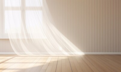 Blowing white sheer curtain, window, sunlight on blank vertical beige brown stripe wallpaper wall, parquet floor for interior design decoration, air flow ventilation home product, Generative AI - obrazy, fototapety, plakaty