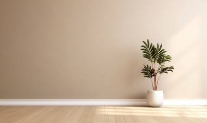 Fototapeta na wymiar Blank beige brown wall in house with green tropical tree in white modern design pot, baseboard on wooden parquet in sunlight for luxury interior design decoration, Home appliance , Generative AI