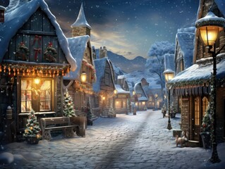 A snowy village street with a lit up christmas tree. Generative AI.