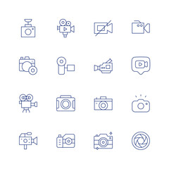 Camera line icon set on transparent background with editable stroke. Containing video camera, photography, camera, lens, video chat, photo camera, video recorder, movie camera.