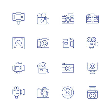 Camera line icon set on transparent background with editable stroke. Containing video camera, camera, photo camera, no photo, instant camera, video production, smartphone, auto focus.