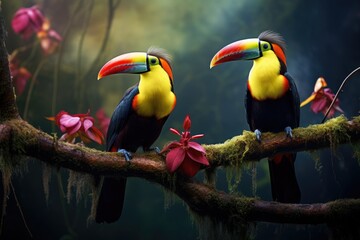 Two Colorful Birds Perched on Branches in Enchanting Forest