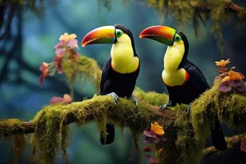 Papier Peint photo Toucan Two Colorful Toucans Perched on Branch Covered in Lush Moss