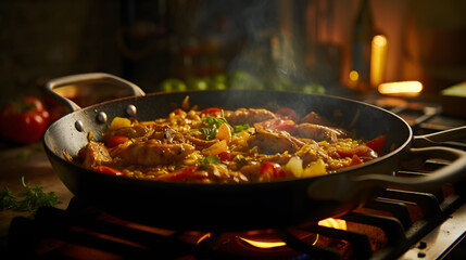 Close up of homemade spanish paella - pan of paella in kitchen	