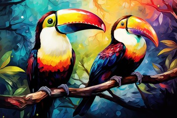 Colorful Birds Perched on Tree Branch