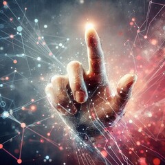 Background image of an AI hand with a digital finger touching a digital network point in the air.  Blue and red lines of light
