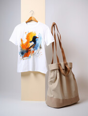 A Serene White T-Shirt Adorned with a Delicate Bird, Paired with a Stylish Tan Bag