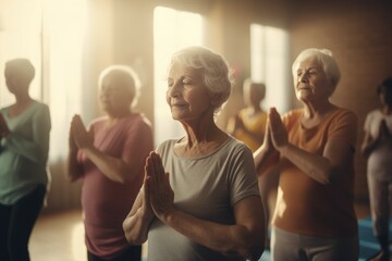 Active elderly people yoga indoor senior. Sport fitness zen balance workout. Generate Ai