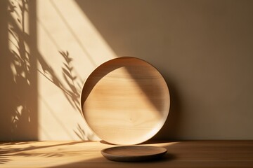Rustic wood plate mockup and shadows on the wall. Background for food products cosmetics or jewelry. Front view, Generative AI
