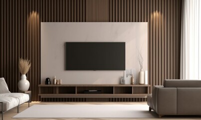 Luxury beige wall living room, modern flat television on brown wood panel wall, gray leather sofa, mid century style shelf in sunlight from window white sheer curtain for interior design,Generative AI