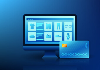 E-commerce business technology The computer screen has merchandise along with a credit card. It refers to selling products through a website or app. Customers can purchase products all over the world.