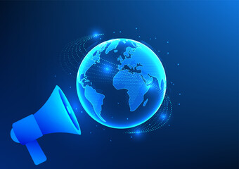 E-commerce business technology A large megaphone turned to a globe. It represents marketing to promote products to the world. To attract customers and increase product sales around the world.