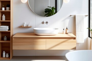 Wall-mounted vanity with white ceramic vessel sink. Interior design of modern scandinavian bathroom. Generative AI - obrazy, fototapety, plakaty