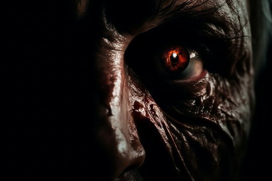 Evil face red eye darkness. Wild fantasy mad scary demon. Generate Ai