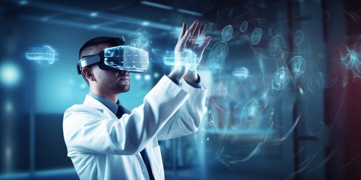 Medical technology. Health care, Medicine doctor using virtual reality headset with robots to research and testing result of patients on virtual interface, VR, innovation and science, Generative AI