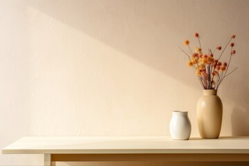 Home office desk with computer in the corner, design vase with dried flowers, cup with pencils, supplies against beige clay wall. Minimalist, Generative AI