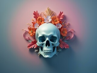 blue human skull with leaves and flowers, blank background, for design, isolated