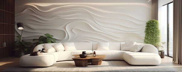 Minimalist interior design of modern living room with white corner sofa and wavy paneling wall. Generative AI
