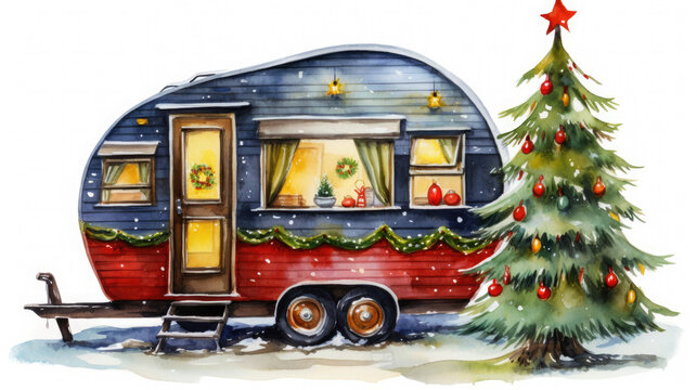 Rustic camping van with Christmas tree on the trailer watercolor painting  created with Generative AI Technology